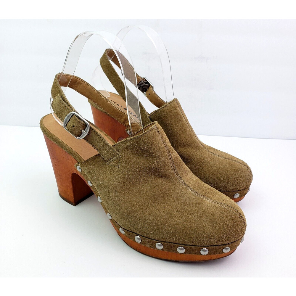 Lucky Brand Vevina Womens Size 10 Tan Suede 4" Heel Slingback Studded Clog Shoes